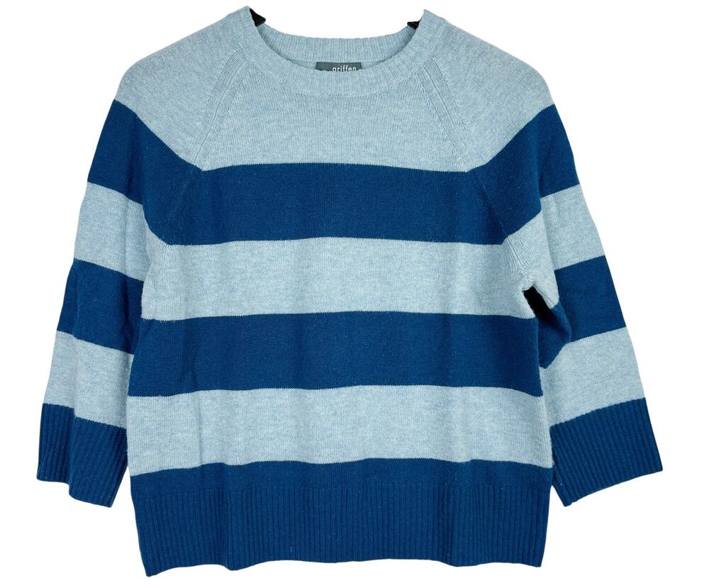 Griffen Wool Cashmere Stripe 3/4 Sleeve Crew Sweater Blue Womens - L